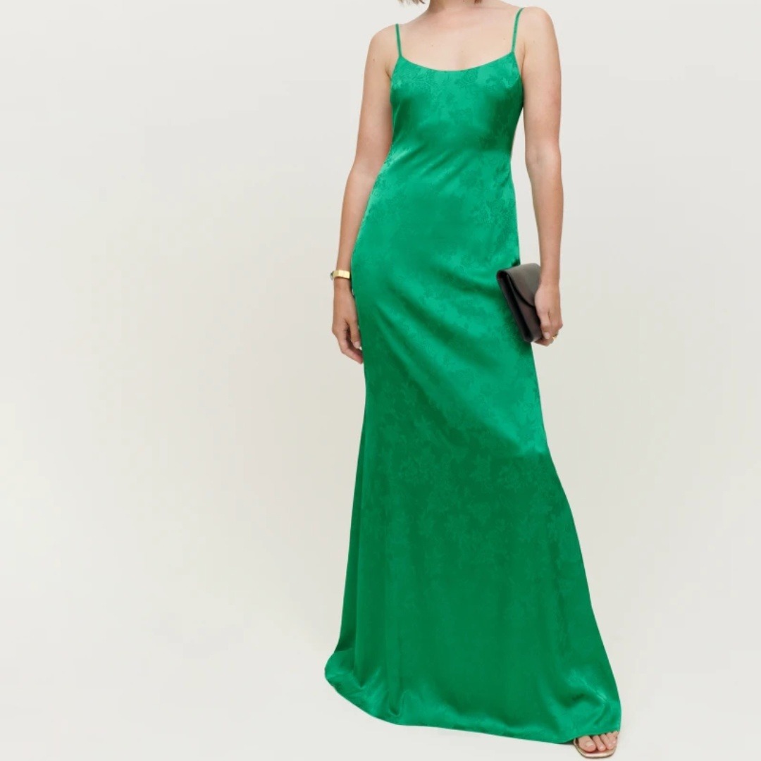Reformation | Allium Satin Floral Open Back Maxi Formal Dress In Emerald Green